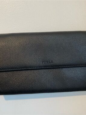 Furla Black Saffiano Fold-Over Wallet Clutch broken strap chain